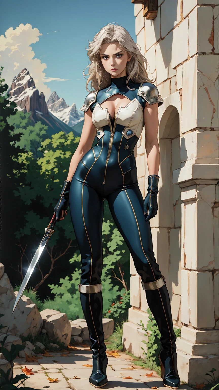 (((full body photo))),A middle-aged beautiful woman, long platinum-blond hair, neatly combed hair, a square face, a serious expression, sharp eyes, tall figure, a dark fantasy-realistic style bodysuit, short sleeve, a silver-white chestplate, gloves with metal accessories, three metal blades extending from the gloves, tight-fitting pants that match the bodysuit, silver-white metal shin guards, boots, the background is a mountain forest at night, with falling leaves, this character embodies a finely crafted fantasy-realistic style assassin in anime style, characterized by an exquisite and mature manga illustration art style, high definition, best quality, highres, ultra-detailed, ultra-fine painting, extremely delicate, professional, anatomically correct, symmetrical face, extremely detailed eyes and face, high quality eyes, creativity, RAW photo, UHD, 8k, Natural light, cinematic lighting, masterpiece-anatomy-perfect, masterpiece:1.5