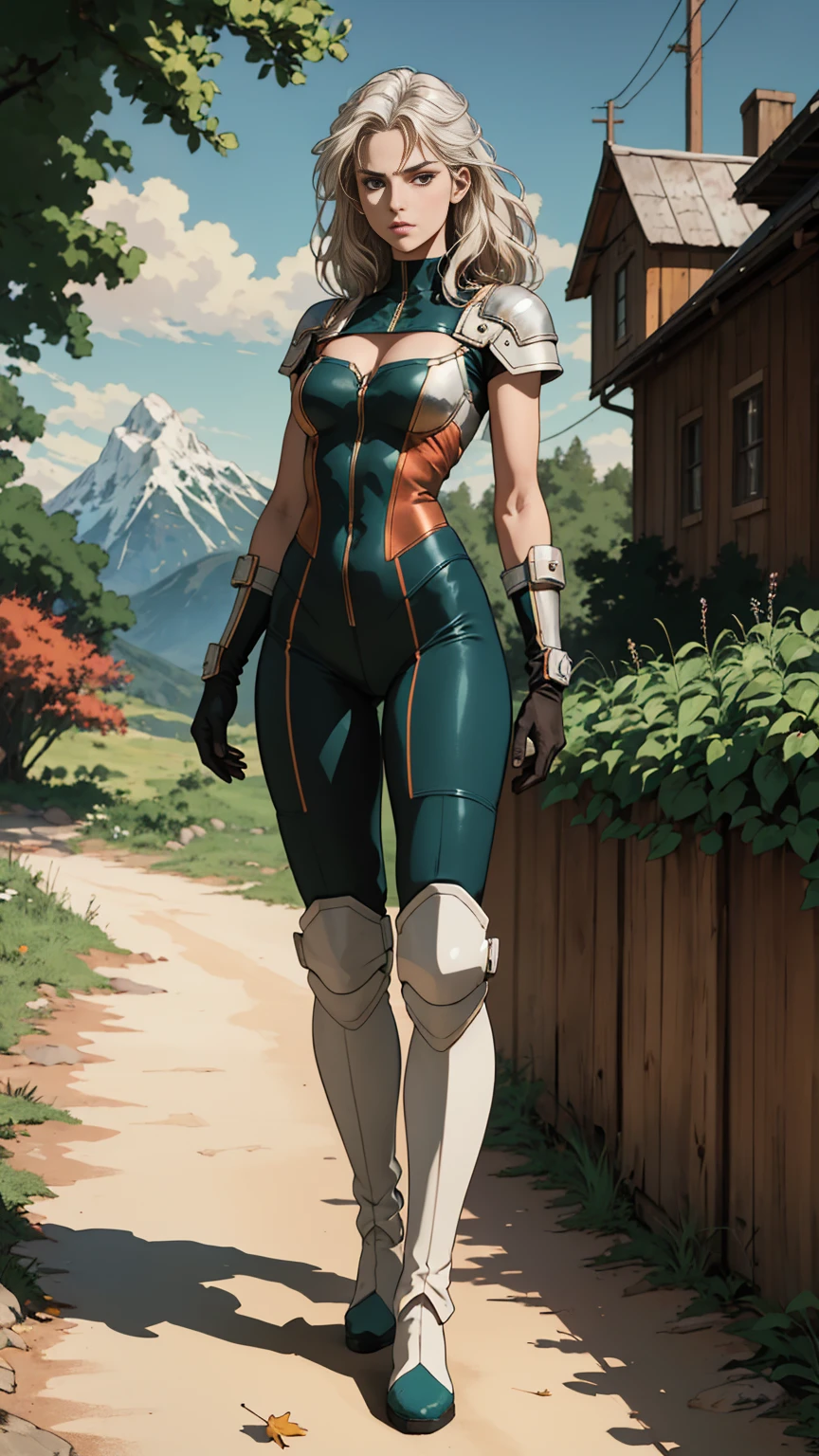 (((full body photo))),A middle-aged beautiful woman, long platinum-blond hair, neatly combed hair, a square face, a serious expression, sharp eyes, tall figure, a dark fantasy-realistic style bodysuit, short sleeve, a silver-white chestplate, gloves with metal accessories, three metal blades extending from the gloves, tight-fitting pants that match the bodysuit, silver-white metal shin guards, boots, the background is a mountain forest at night, with falling leaves, this character embodies a finely crafted fantasy-realistic style assassin in anime style, characterized by an exquisite and mature manga illustration art style, high definition, best quality, highres, ultra-detailed, ultra-fine painting, extremely delicate, professional, anatomically correct, symmetrical face, extremely detailed eyes and face, high quality eyes, creativity, RAW photo, UHD, 8k, Natural light, cinematic lighting, masterpiece-anatomy-perfect, masterpiece:1.5