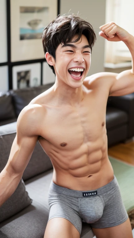 Japanese men、、Muscles and smooth skin、Very short black hair、A relaxed and friendly smile、Light grey boxer briefs、The whole body is well visible、Fist pump in the living room、Laughing with mouth open、