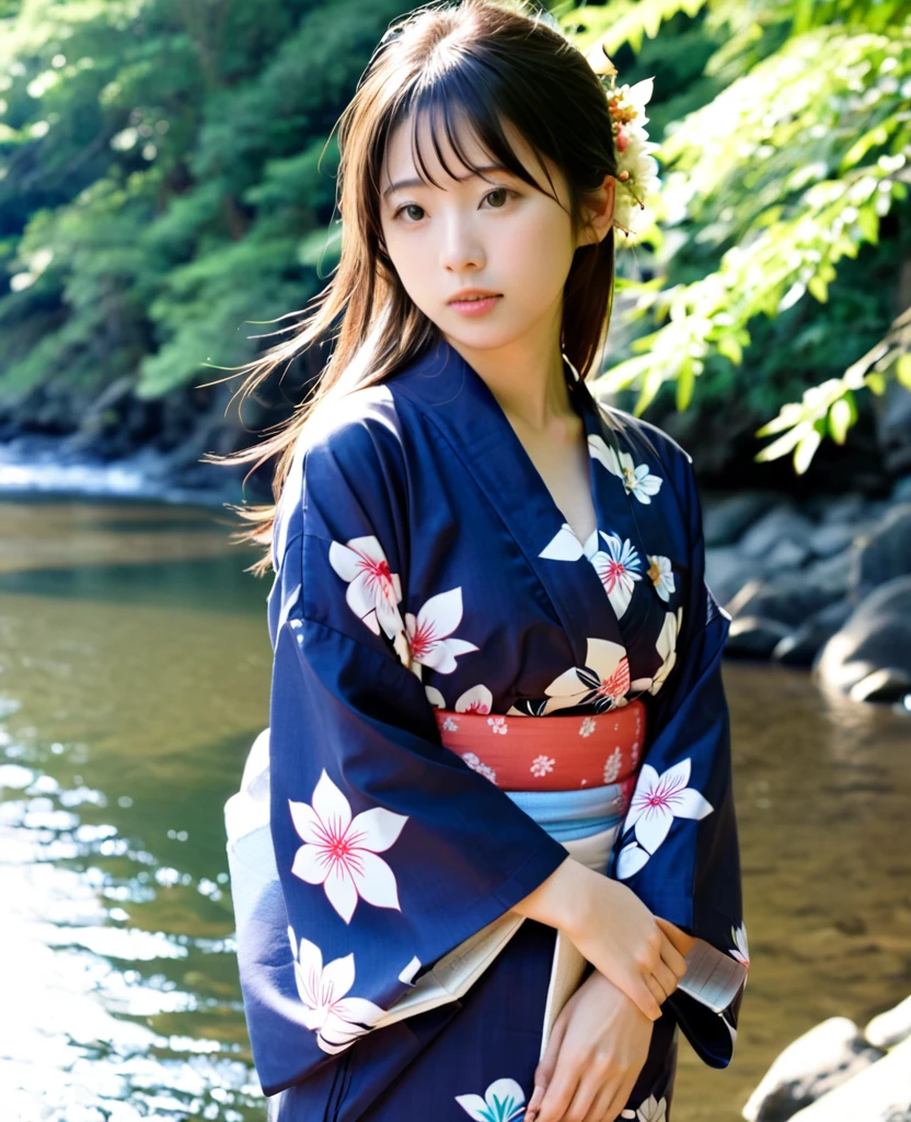 Cool off by the river in a yukata、Japanese women、15 years old、Open chest、座って脚を川に浸して居る