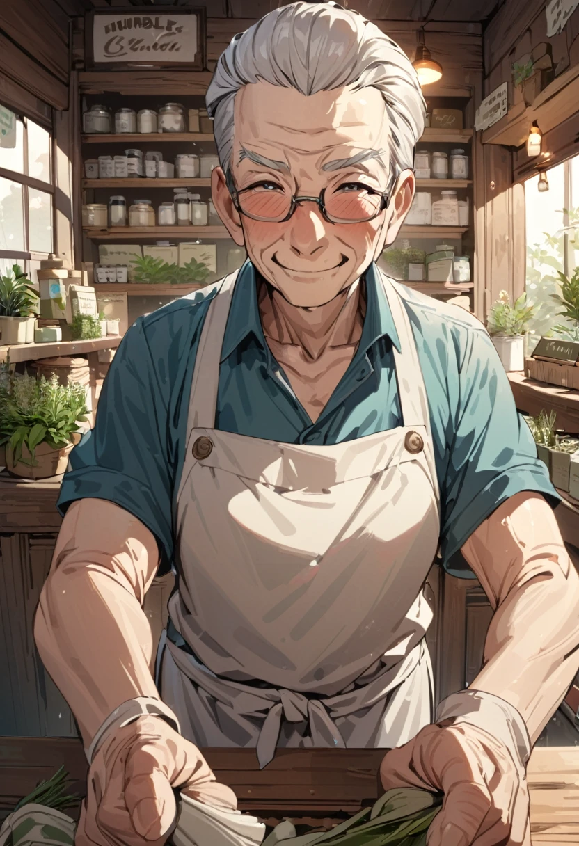 Herb shop, rustic and beautiful, counter, attendant, elderly, man, humble smile, inviting, high quality, high details, anatomically correct, 4K