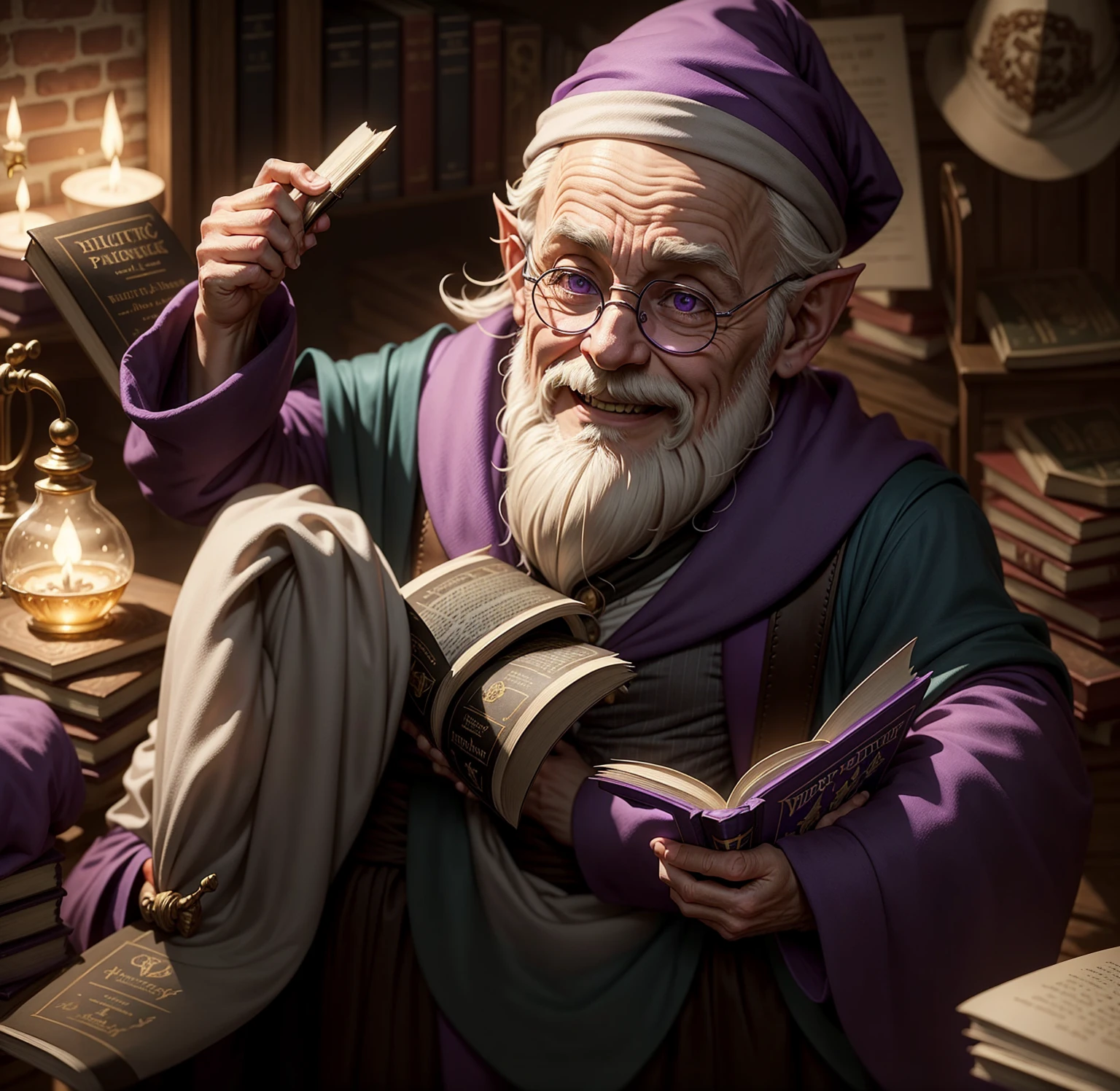 harry potter character filios flitwick, smiling, gnome, old, by white, calvo, reading a book, books in the background. High purple hat and purple wizard&#39;s tunic.