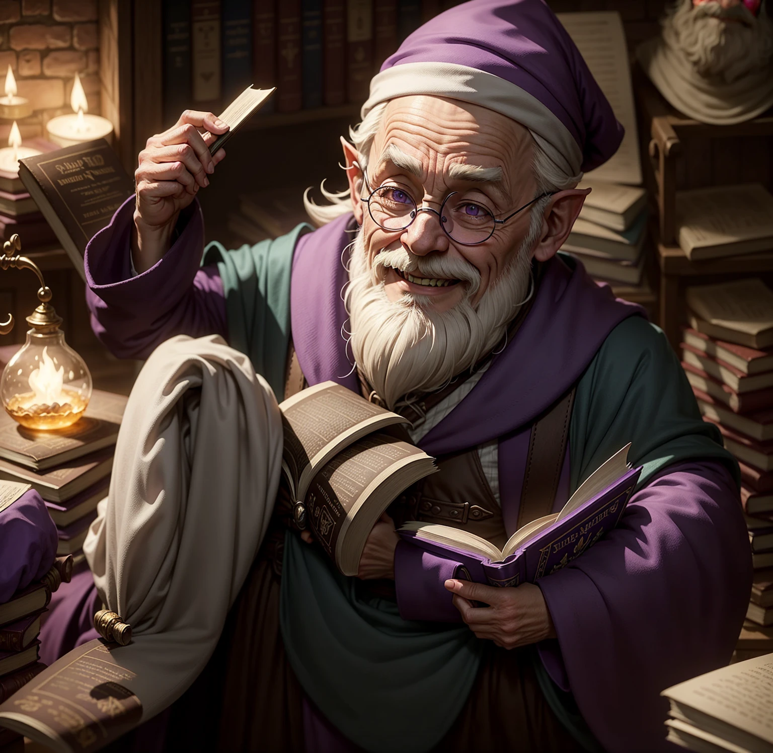 harry potter character filios flitwick, smiling, gnome, old, by white, calvo, reading a book, books in the background. High purple hat and purple wizard&#39;s tunic.