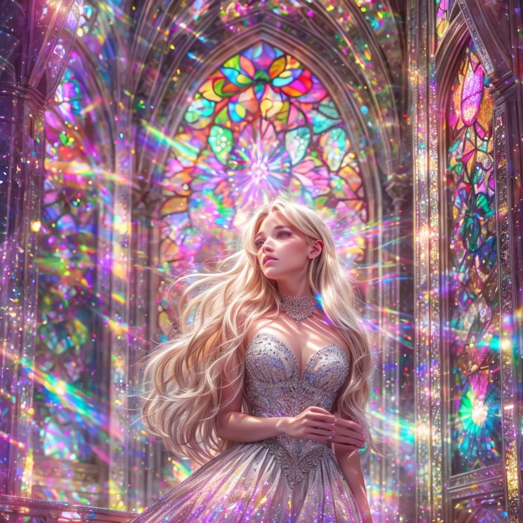 (Cathedral from below:1.28) (BokeH ZoomLayer) ((TopQuality 8K masterpiece of (Professional photo:1.37))), (((Clarisse de Cagliostro))) (Detailed White WeddingDresses), Chain, (CloseUp of (Extremely detailed (KAWAII face))) {((VeiledFace))|BlondeHair|(Elaborate BuleEyes)with(SparklingHighlights:1.28)}, The background is distant (((Elaborate stained glass))) Rainbow Glass, {(MysticSight)|EnchantingAtmosphere|Haze|(GodRays)|TyndallEffect}, Radiant PearlSkin with Transparency, (Exposed:0.99), BluB