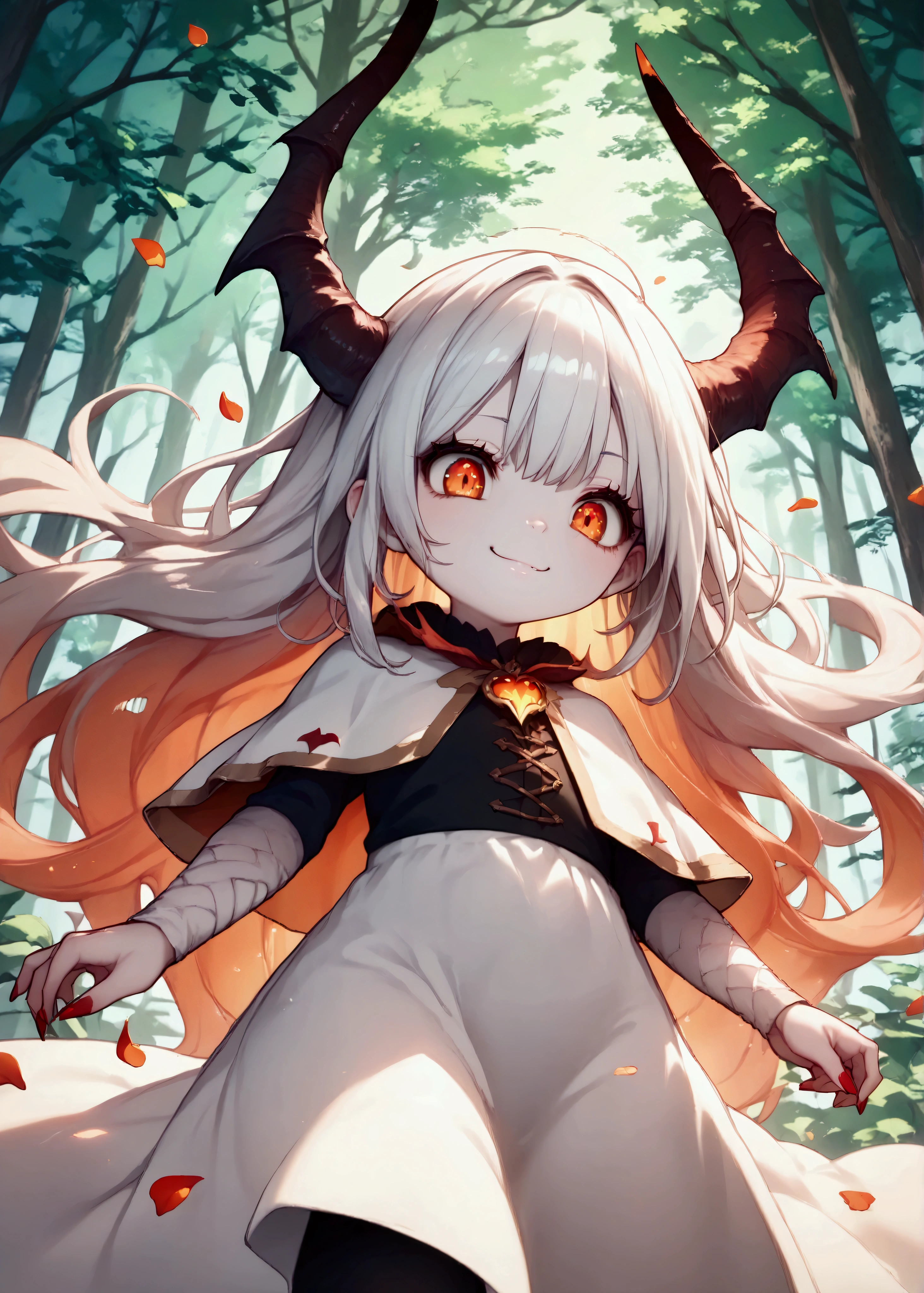 hzk,score_9, score_8_up, score_7_up, score_6_up, score_5_up, score_4_up ,(solo:1.7),1girl\((devil:1.7),cute,big eyes,white skin,pale skin,evil smile,long nail,orange eyes,(looking down:1.3),wearing capelet\((very big:1.5),(very long:1.3),(black)\)\), BREAK ,refreshing mood,(petals\(colorful,beautiful,in the air,(many)\):1.5),(dead trees), in the forest,(close-up of girl),beautiful moon