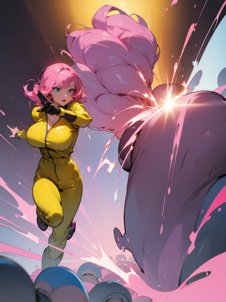 a mature woman , hero pose, big pink hair, shining blue eyes, dark yellow jumpsuit. hero pose, big breasts35 years old, running away from an old UFO, looking at the camera