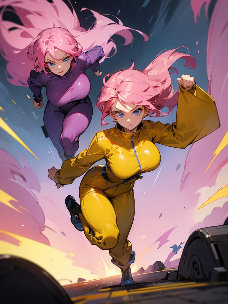 a mature woman , hero pose, big pink hair, shining blue eyes, dark yellow jumpsuit. hero pose, big breasts35 years old, running away from an old UFO, looking at the camera