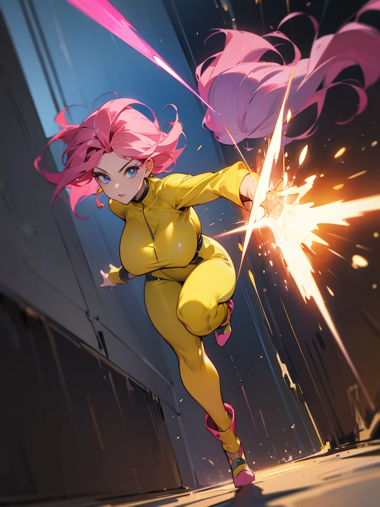 a mature woman , hero pose, big pink hair, shining blue eyes, dark yellow jumpsuit. hero pose, big breasts35 years old, running away from an old UFO, looking at the camera