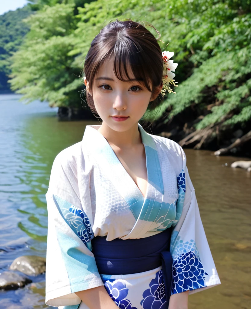 Cool off by the river in a yukata、Japanese women、15 years old、Open chest、座って脚を川に浸して居る