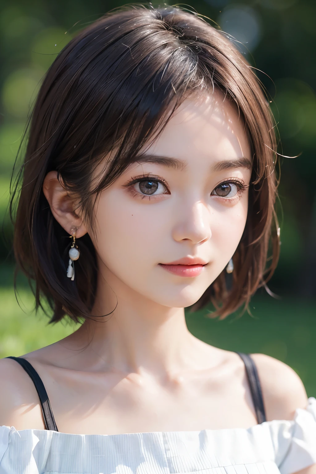 short hair、grassland、(:1.6)、（From the chest up:1.6)、Laughter、Close-up portrait of a girl wearing a white off-the-shoulder top dress and earrings, Soft portrait shot 8k, Nice delicate face, High-quality 4K portraits, High-quality portraits, Soft and perfect white skin, 8k highly detailed face, Beautiful and delicate face, Beautiful light big eyes, Beautiful and realistic face, Beautiful girl and, Beautiful and realistic face, Cute girl