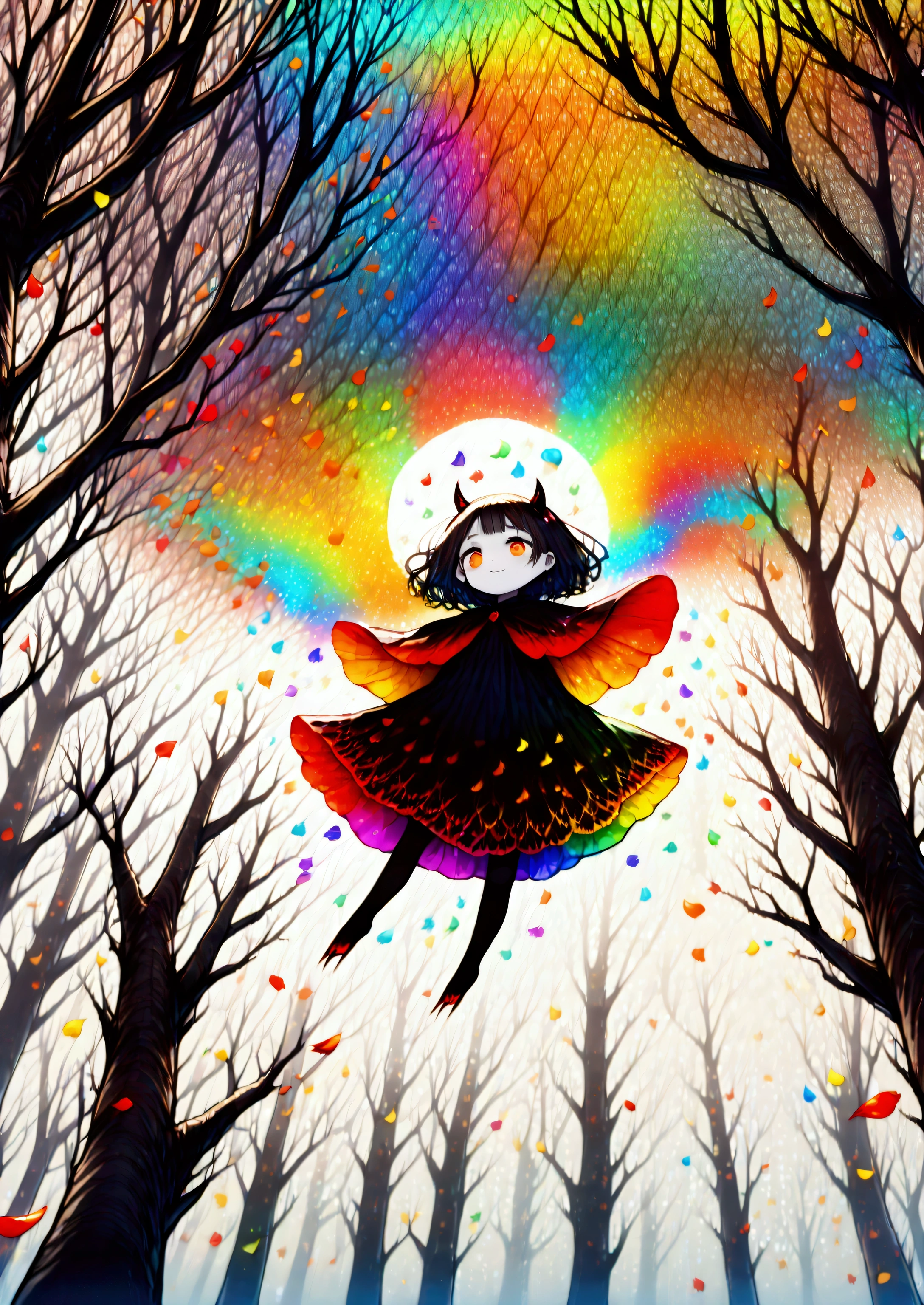 hzk,(solo:1.7),1girl\((devil:1.6),cute,big eyes,white skin,pale skin,smile,long nail,orange eyes,looking down,wearing capelet\((black)\)\), BREAK ,(petals\(colorful,beautiful,in the air,(many)\):1.5),(dead trees:1.5), in the forest,(close-up of girl:1.3),beautiful moon