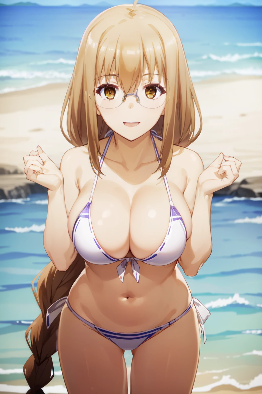 (((pixel-perfect, detail-perfect))), solo, 1girl, touka todou, , looking at viewer, glasses, smile, open_mouth, large breast, cowboy shot, (((bikini)))