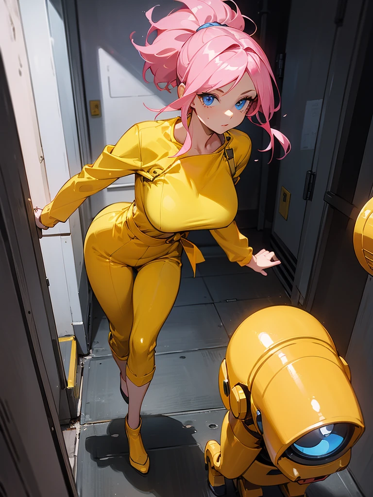 Mature woman running away from a robot,  big pink hair, shining blue eyes, wearing a mustard yellow jumpsuit, breasts big, looking 35 years old, eye on the spectator, Look to the camera, , the background is a dark corridor,  Hands on waist