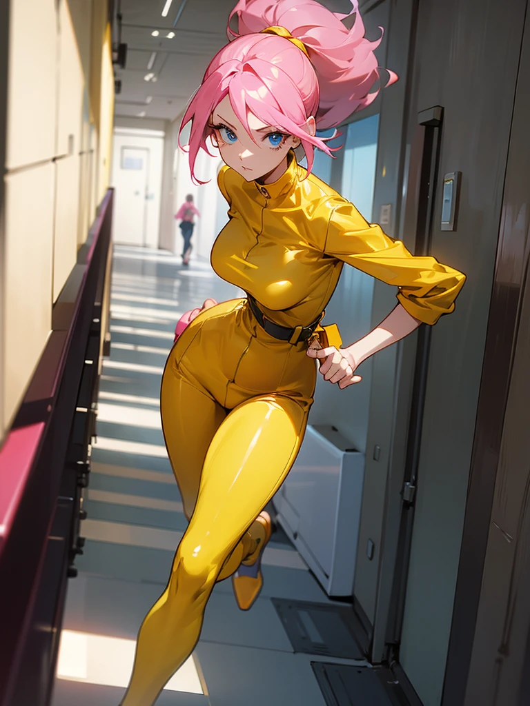 Mature woman running away from a robot,  big pink hair, shining blue eyes, wearing a mustard yellow jumpsuit, breasts big, looking 35 years old, eye on the spectator, Look to the camera, , the background is a dark corridor,  Hands on waist