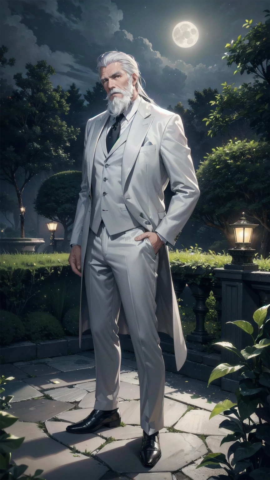 masterpiece, Superior image quality, High resolution, 4k image, An older adult man, tall, delgado, white gray hair, white gray beard, wearing an elegant gray suit, standing, garden background, at night, Moonlight