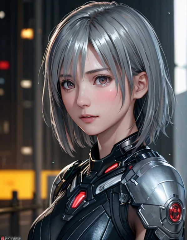 (8k, Realistic, RAW Photos, Highest quality: 1.3), (One Girl), とてもbeautiful, (Realistic Face), (boyish, Silver color very short hair), beautiful cyberpunk suit, A brilliance that captivates the viewer, beautiful expression, beautiful breasts, (Realistic Skin), beautiful...