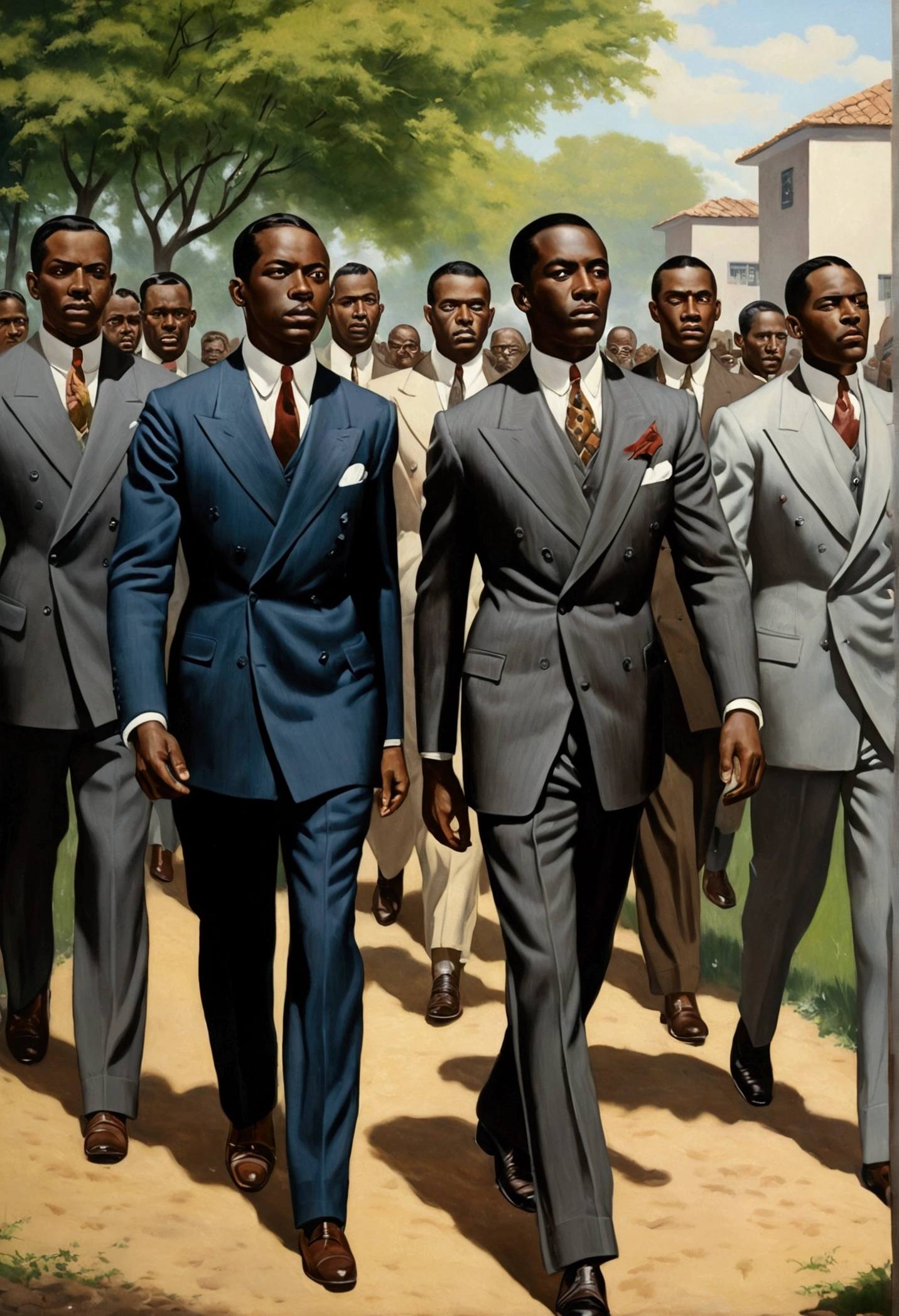 Men in suits enslaving black men ,image as painting, in 1930