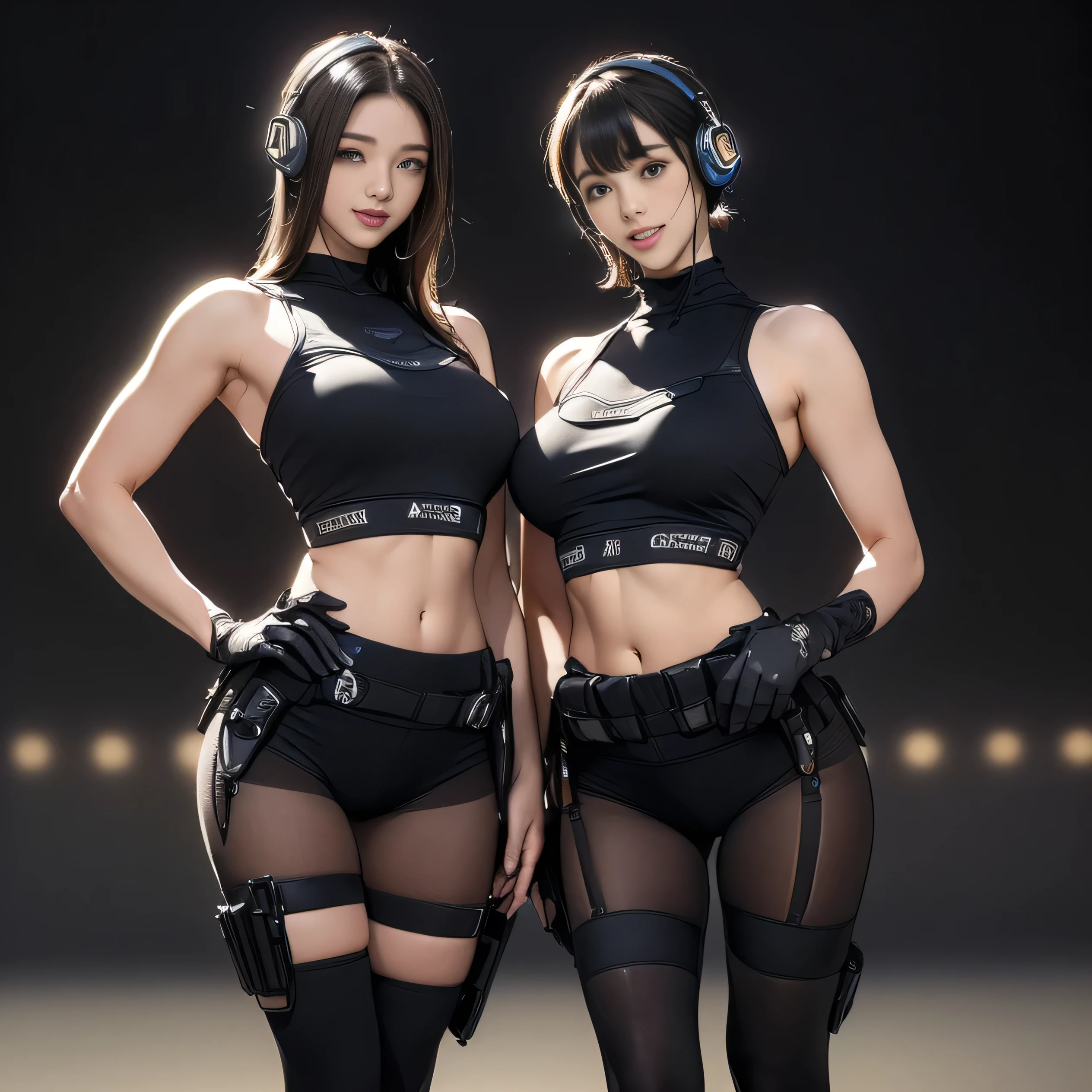 (Two Women),(((Women standing side by side:1.5))),((Black tactical tights:1.5)),((Black headphones:1.5)),((Black Tactical Holster:1.5)),(Black Gloves:1.5),((Wearing the same:1.5)),(Smile:1.5),(beautiful eyes:1.3),(Very detailedな顔:1.5),((Very detailed drawing of a female hand:1.5)),((muscular:1.5)),(Sexy appearance:1.5),((Thick thighs:1.5)),(Beautiful Body:1.5),((Very sensual:1.5)),(Background is the city:1.5),(((Blurred Background:1.5))),(Written border depth:1.5),rest(((masterpiece:1.5),(best quality:1.5),(Very detailed:1.5),(high resolution:1.5),(Practical:1.5),(Practical:1.5),(Delicate depiction),(Carefully drawn))),8k,wallpaper