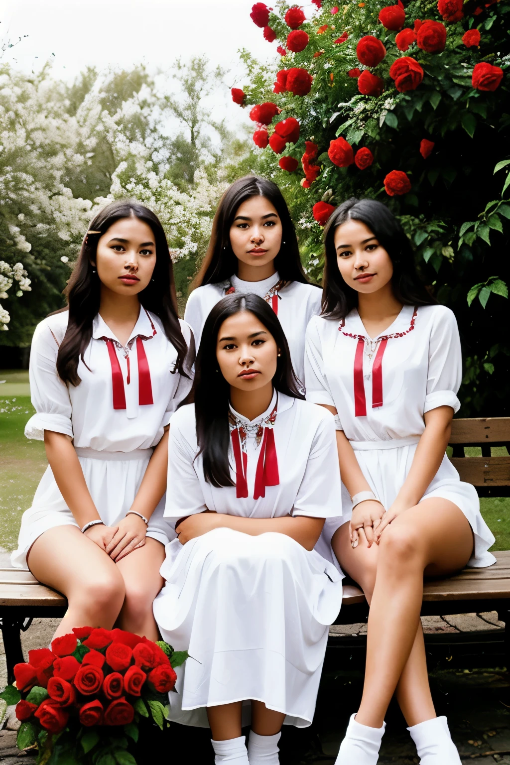 Photograph of 5 young women, one of them indigenous dressed in white,(with the mysterious look) sitting on a bench surrounded by red roses full of blood