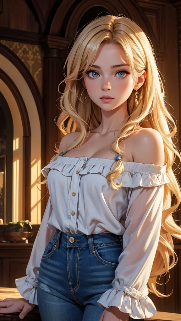 Surreal, very beautiful face_delicate eyes, nose, lips, clear and clean pale skin), 20-year-old woman with shy smile, voluminous blonde long hair), (Clothing_wearing black blouse and pure white frilly skirt::1.2, ), (Perfect body_soft shoulders: 1.2, moderately large chest, narrow waist: 1.2, wide pelvis: 1.3, full body), simple yet detailed background description_nature, stock photo, 8k, high resolution, high definition,