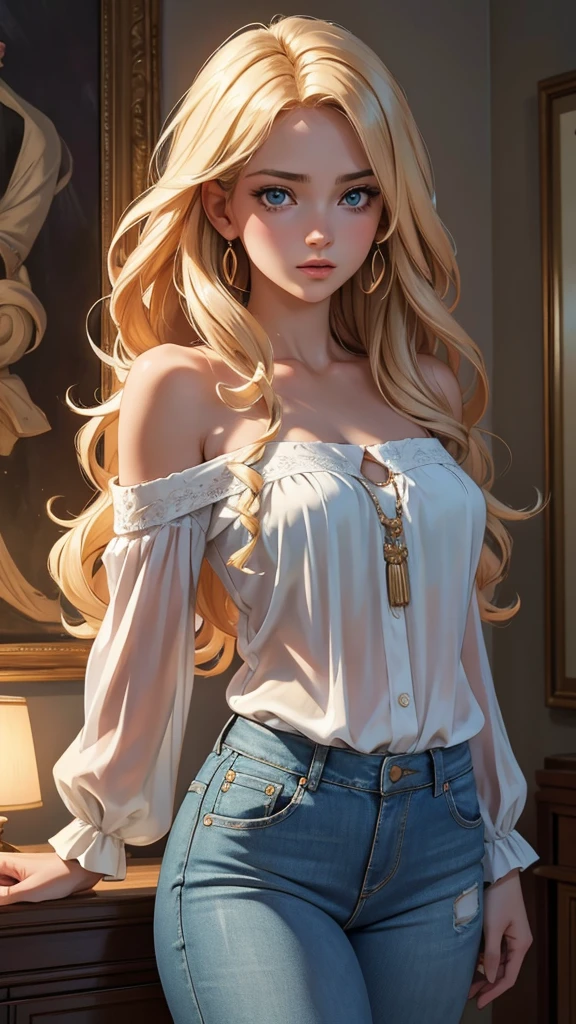 (RAW photo, best quality),(realistic, photo-Realistic:1.1),best quality,masterpiece,beautiful and aesthetic,16K,(HDR:1.2),high contrast,(vibrant color:1.3),(muted colors, dim colors, soothing tones:0),cinematic lighting,ambient lighting,sidelighting,Exquisite details and textures,cinematic shot,Warm tone,(Bright and intense:1.1),wide shot,by xm887,ultra realistic illustration,siena natural ratio,head to thigh portrait,Curly perm with shiny long blond hair,(a look of surprise:1.4),blue loose-fitting,off-the-shoulder blouse,skinny jeans,a beautiful Ukrainian model,icy eyeshadow,Pale skin,Rayben Sunglasses,Art by Josephine Wall and Stephanie Law,Linda Ravenscroft,Kinuko Y. Craft. anime style.,