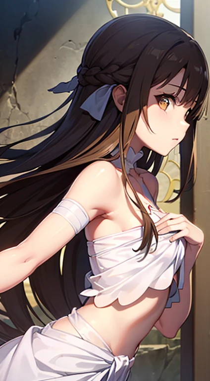 asuna yuuki ((stacia)) goddess form (brown eyes:1.7), long auburn brown hair, (ample chest:1.2), arms up BREAK collarbone, ((translucent frilly white dress with high front slit)), bare arms, bare shoulders, bare legs BREAK looking at viewer, BREAK ((in a dark temple)), BREAK (masterpiece:1.2), best quality, high resolution, unity 8k wallpaper, (illustration:0.8), (beautiful detailed eyes:1.6), extremely detailed face, perfect lighting, extremely detailed CG, (perfect hands, perfect anatomy), ((semi-profile))