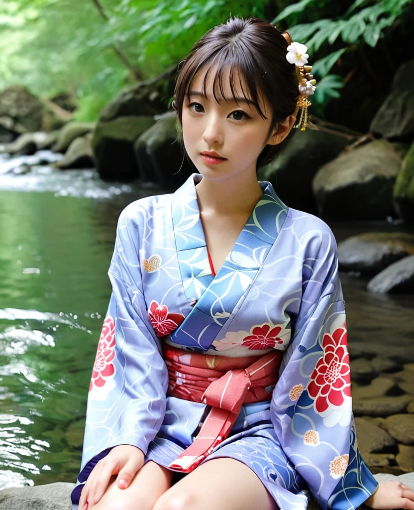 Cool off by the room　in a yukata、Japanese women、************、Open chest、Sitting with my legs in the river