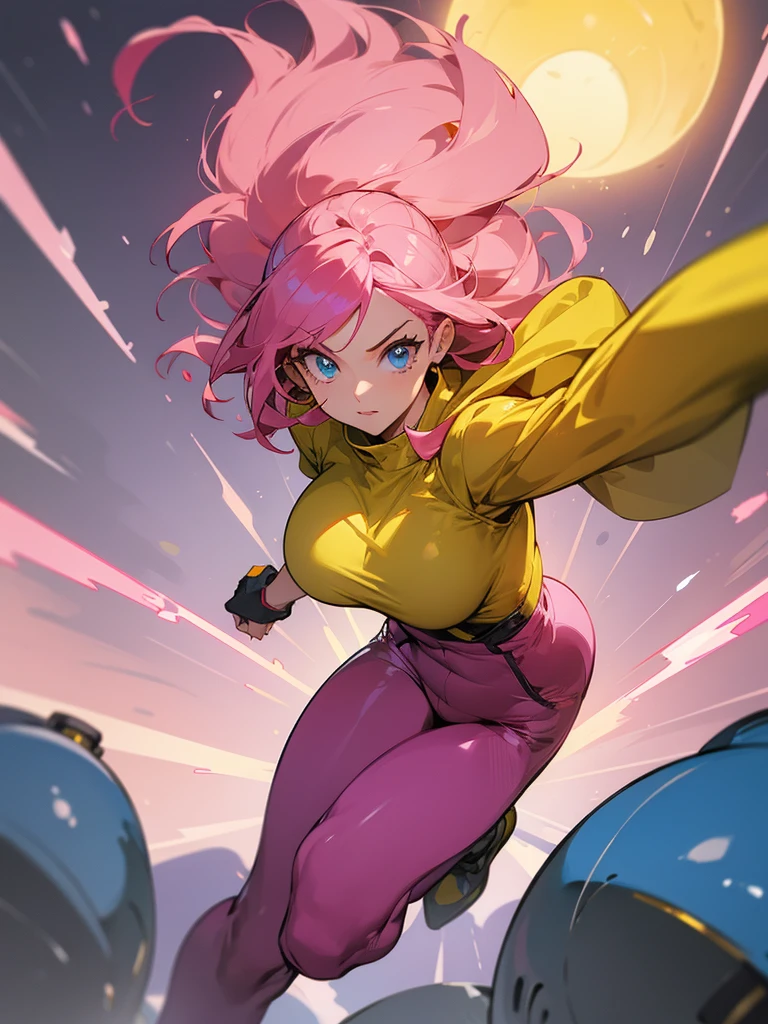 a mature woman , hero pose, big pink hair, shining blue eyes, dark yellow jumpsuit. hero pose, big breasts35 years old, running away from an old UFO, looking at the camera