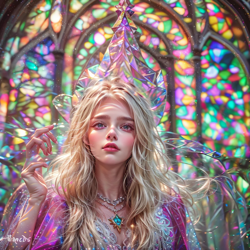 (Cathedral from below:1.28) (BokeH ZoomLayer) TopQuality 8K masterpiece of ((Professional photo)), (((Clarisse de Cagliostro))) (Detailed White WeddingDresses), Chain, (CloseUp of (Extremely detailed (KAWAII face))) {((VeiledFace))|BlondeHair|(Elaborate BuleEyes)with(SparklingHighlights:1.28)}, The background is distant (((Elaborate stained glass))) Rainbow Glass, {(MysticSight)|EnchantingAtmosphere|Haze|(GodRays)|TyndallEffect}, Radiant PearlSkin with Transparency, (Exposed:0.98), BluB