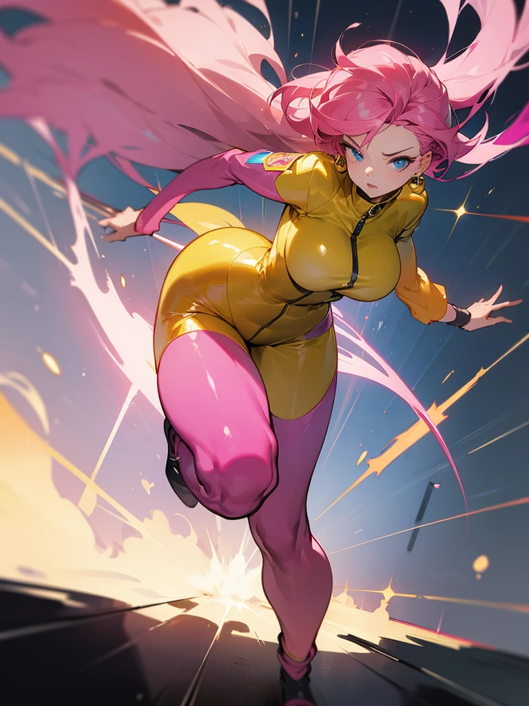 a mature woman , hero pose, big pink hair, shining blue eyes, dark yellow jumpsuit. hero pose, big breasts35 years old, running away from an old UFO, looking at the camera