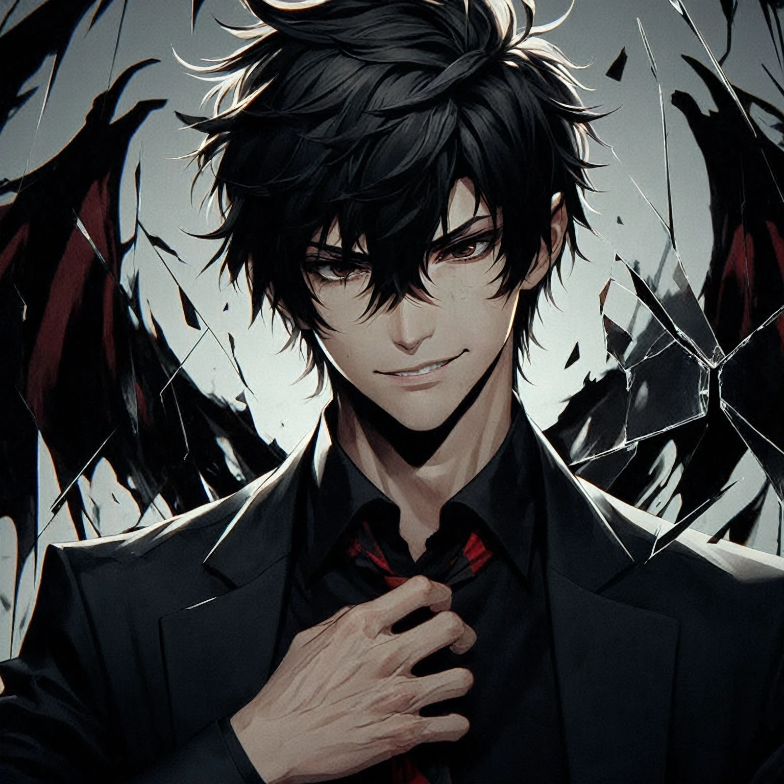 a man with dark eyes, black messy hair, evil smile, broken glasses screen, anime style, (best quality,4k,8k,highres,masterpiece:1.2),ultra-detailed,(realistic,photorealistic,photo-realistic:1.37),cinematic lighting,dark moody atmosphere,dramatic shadows,chiaroscuro,gritty,dystopian,cyberpunk,grungy