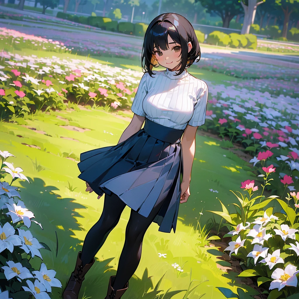 (high quality, High resolution, Very detailed, reality:1.37), Peaceful atmosphere, (Outdoor, garden), age girl standing alone, (my breasts are big.), Beautiful details, Cute Smile, (Black bob hair), Short sleeve ribbed sweater, Blue Skirt, Black tights, Brown boots.