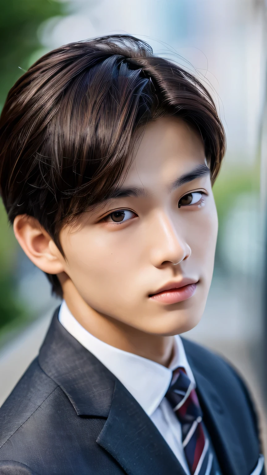 Highest quality, masterpiece, Ultra-high resolution, (Realistic: 1.4), Original photo, wallpaper, Head Photo, skin, Simple Background, Iris, detailed, Selfie, 1 boy, 18-year-old, good looking, Wind,Asahi、suit