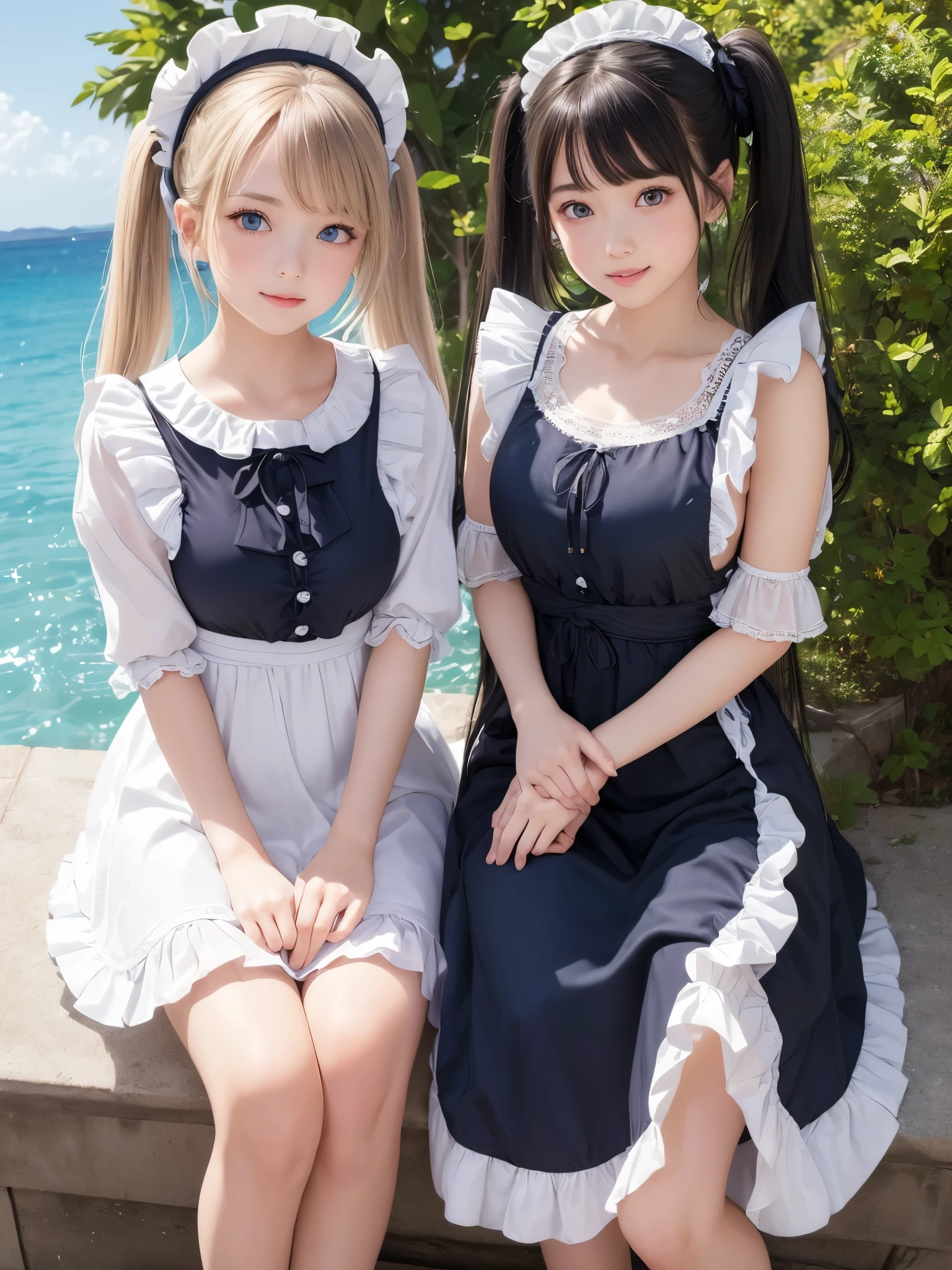((masterpiece)), ((highest quality、Ultra high definition)), (Very detailed),8K、Photo quality、((Amazingly cute girl)),-yeld gi), Two people, , (Beautiful emerald blue eyes), ((smile)),In the open-air bath overlooking the sea, Beautifully arranged black hair in twin tails、スリムボディー、((Cute lolita maid style swimsuit))、Professional Lighting、(White lace knee-highore detailed and beautiful)、(More details and cutenesore realistic)、((Just wear light clothing))、プールではしゃぐ、