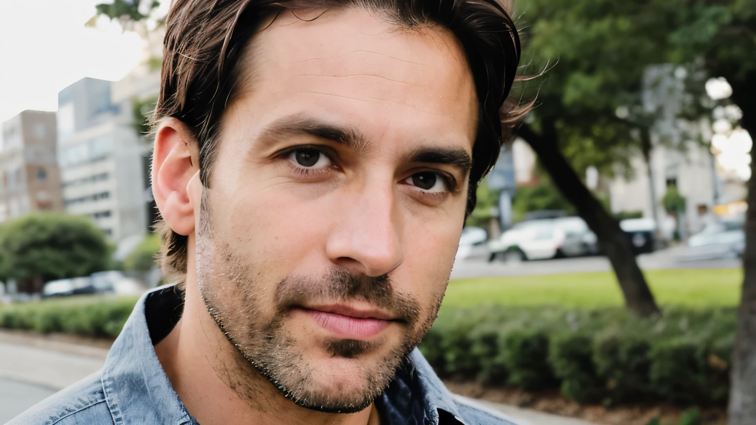 ((best qualityer)), ((work of art)), (detailded), "Create an image of a man named Jonathan, around 38 years old. Jonathan has dark brown hair, Short and slightly disheveled. He has a friendly and confident expression, with eyes that convey sincerity. Jonathan is dressed casually, with a button-down shirt and jeans. No fundo, the environment can be a park or a quiet street, reflecting an everyday, serene setting."