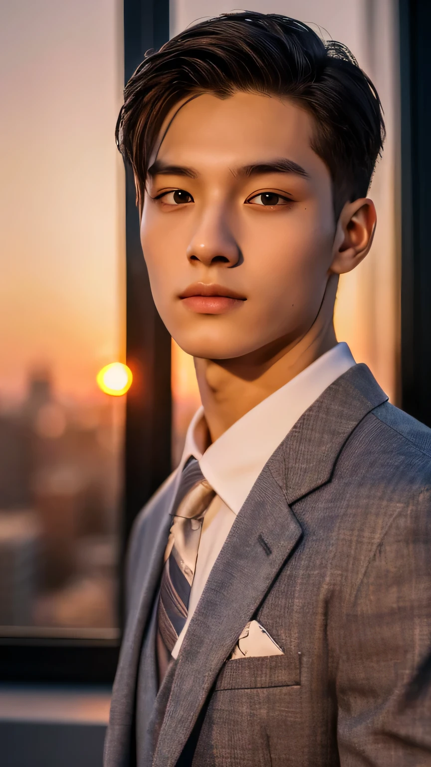 Highest quality, masterpiece, Ultra-high resolution, (Realistic: 1.4), Original photo, wallpaper, Head Photo, skin, Simple Background, Iris, detailed, Selfie, 1 boy, 18-year-old, good looking, suit、Sunset