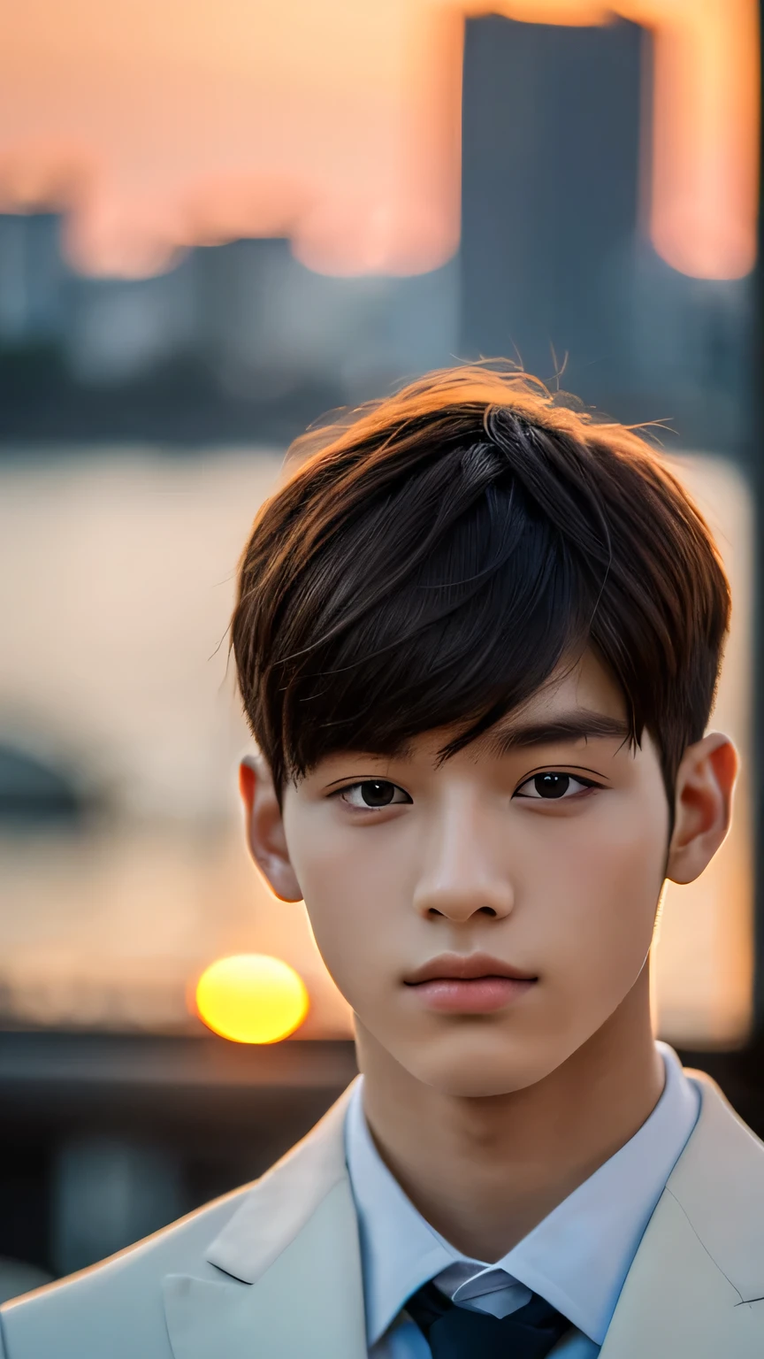Highest quality, masterpiece, Ultra-high resolution, (Realistic: 1.4), Original photo, wallpaper, Head Photo, skin, Simple Background, Iris, detailed, Selfie, 1 boy, 18-year-old, good looking, suit、Sunset