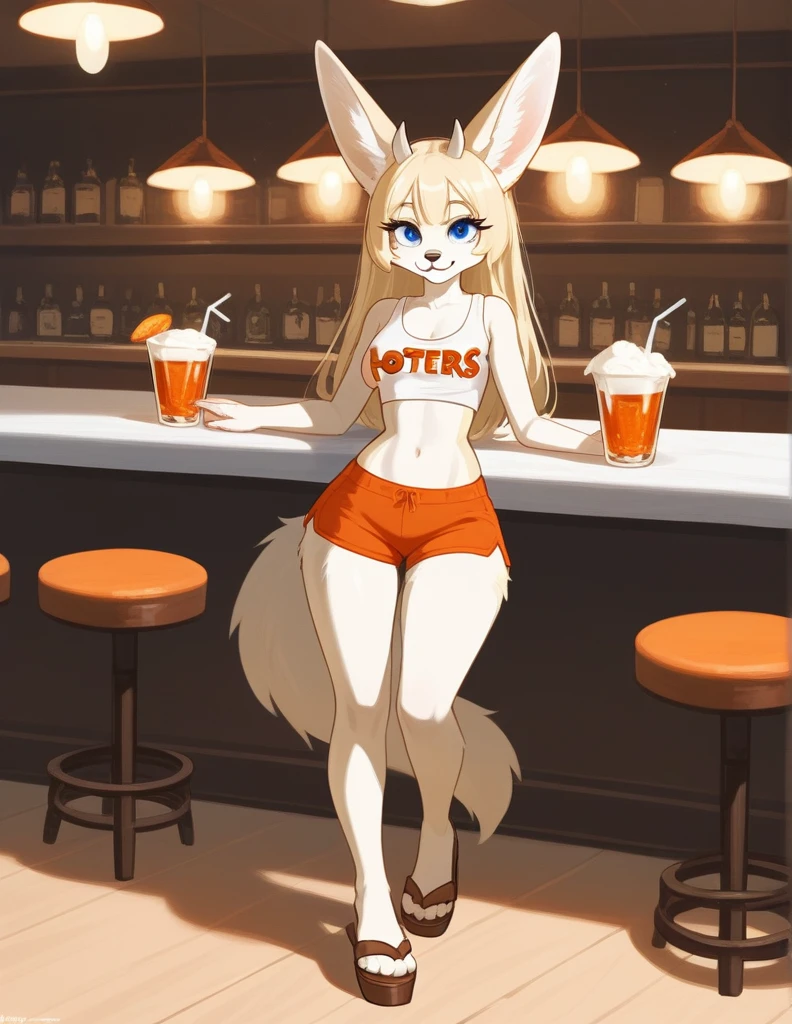account_9, account_8_ up, account_7_ up, account_6_ up, account_5_ up, account_4_ up, (One), Furry girl, fennec, light fur, long blonde hair, blue eyes, lush breasts, wide hips,Hooters uniform, White Hooters top with logo, orange shorts, sandals, brown shoes, standing with a provocative and mischievous smile, in a porn bar, Highly detailed facial features, extremely detailed eyes and face, beautiful detailed eyes, long eyelashes, Detailed uniform horns, detailed orange shorts, detailed brown sandals, warm lighting, bright colors,