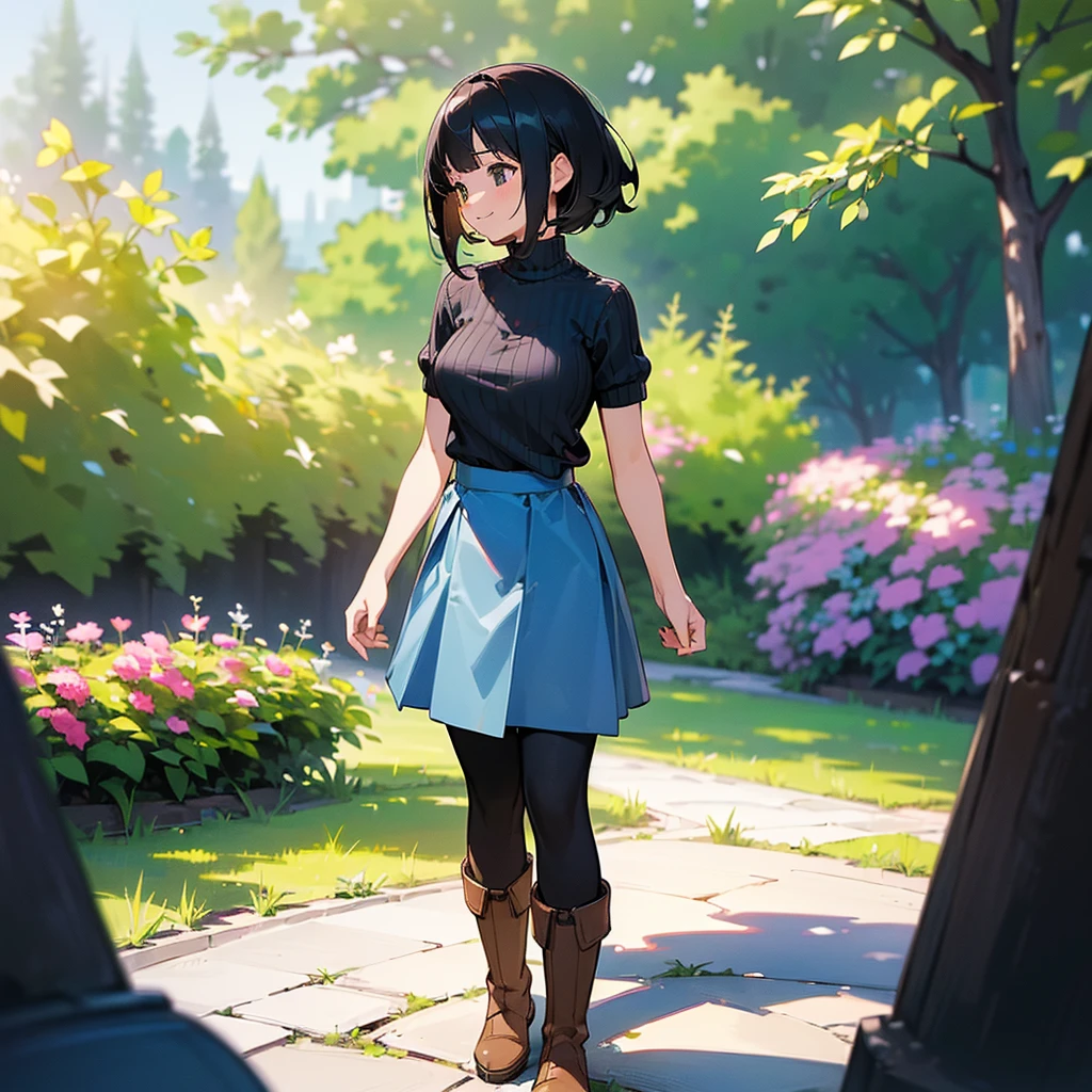 (high quality, High resolution, Very detailed, reality:1.37), Peaceful atmosphere, (Outdoor, garden),  girl standing alone, (my breasts are big.), Beautiful details, Cute Smile, (Black bob hair), Short sleeve ribbed sweater, Blue Skirt, Black tights, Brown boots.