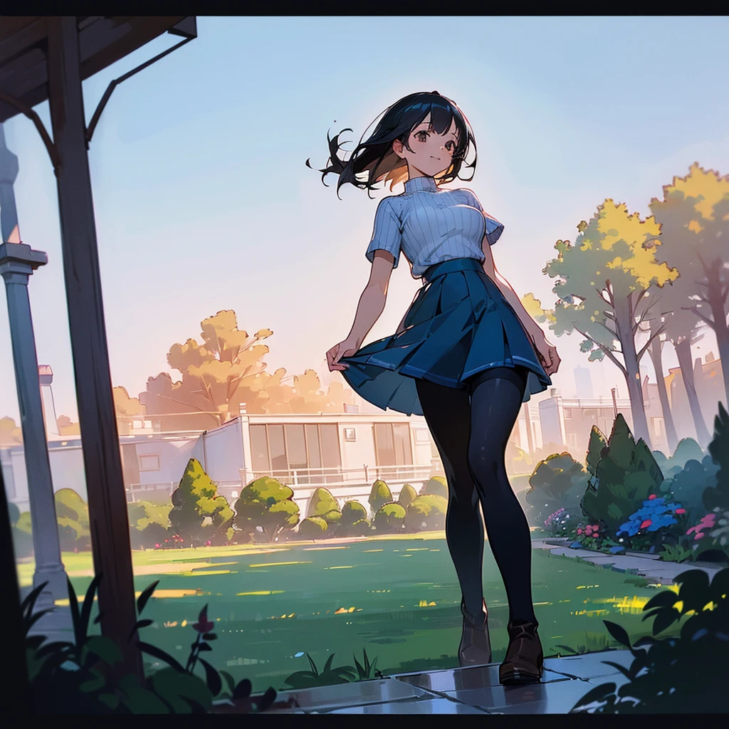 (high quality, High resolution, Very detailed, reality:1.37), Peaceful atmosphere, (Outdoor, garden), girl standing alone, (my breasts are big.), Beautiful details, Cute Smile, (Black bob hair), Short sleeve ribbed sweater, Blue Skirt, Black tights, Brown boots.