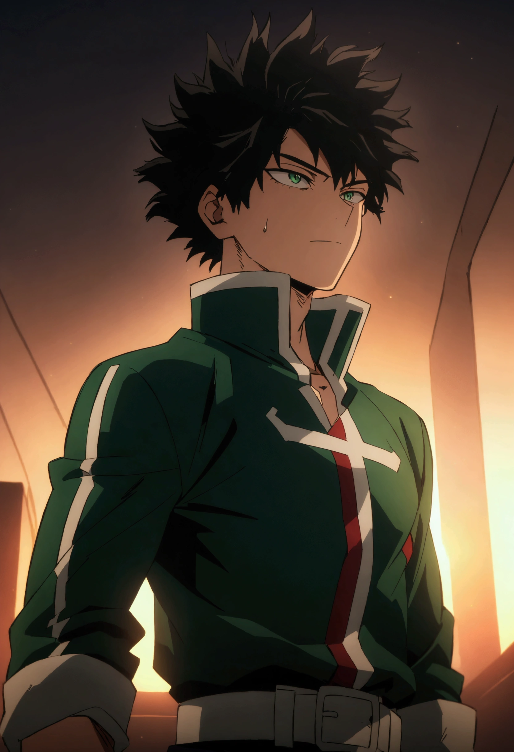 He is a 16 year old teenager, He has slightly disheveled very black hair..., somewhat light green eyes, , muscular body , anime art slyle my hero academy , sexy face, He is dressed in the anime male uniform "my hero academia",  , 8k, high quality, masterpiece, , cinematic, vivid colors, shining green eyes 