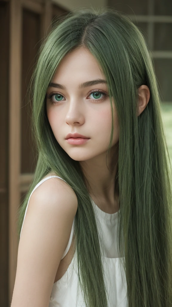 a girl. Europe. normal feelings. Oval face. delicate facial features. seductive face. dull eyes. long straight hair. messy hair. green hair. shy. straight face