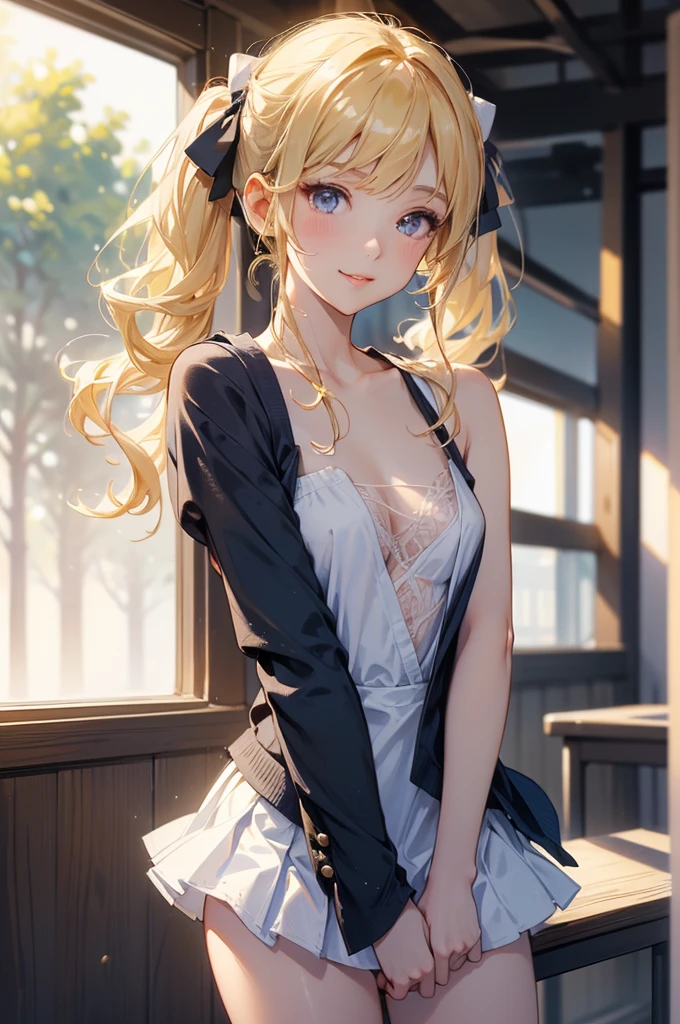 Browsing Caution:1.4, 8k, expensiveest quality, masterpiece, Vibrant, Real person, Unity 8k による壁紙, School classroom、Sit at a desk、Sit with your legs apart、(1 girl) , Beautiful Eyes, (Delicate face) , Perfect detail, (Best lighting) , (超Complexdetailed),、(Shooting from below:1.5)、Peeking out from under the skirt、Cowboy Shot、{Low Angle:1.4}、Showing panties、Laughter、Smiling girl、expensive , {Navy Blue Blazer:1.2}、{White shirt}、{Yellow ribbon}、{Grey pleated skirt}、((Small breasts:1.2))、Wearing a proper uniform、(1 girl),(Beautiful Eyes、detailedに描かれた、Look at the detailasterpieceサイドライト、masterpiece、expensiveest quality、detailed、High resolution illustrations),Delicate makeup, (close:1.2)、throw、Soft focus ground bokeh、Turn to me and smile,black eye,Half-up hairstyle with short bangs((blonde)))、Curly Hair,short hair, ((Low twin towel:1.3), (Short pigtails:1.3), 非常にdetailedな, Complex, Tabletop, Small Ass、thin texpensives