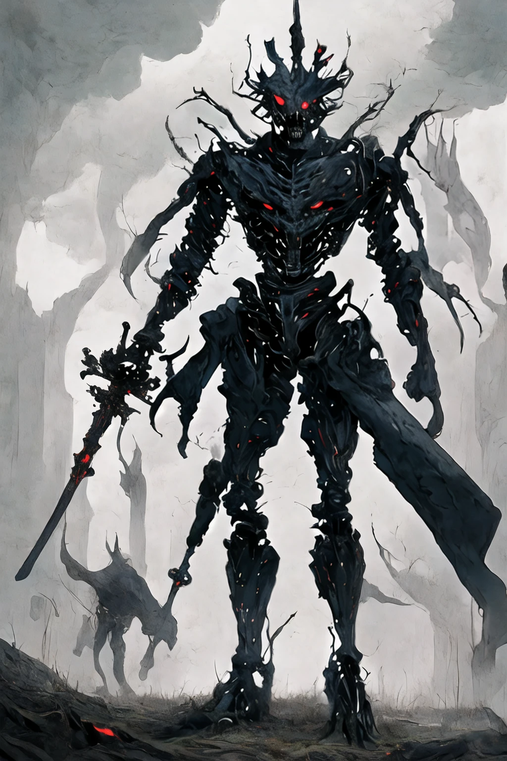 (((Highest quality)))(((Best Image)))外見は黒いfog,Wear shiny armor,Modern Battle Suit(((Appearance)))The shape is humanoid,Wearing armour(((Features)))Eyes glowing red,The shape is made of purple glowing matter..He also has a weapon.(((male)))The skeleton is human-like、Muscle fibers are visible,fogのようなもので構築している(((background)))Barren Land,dead tree,fog,Chaotic world(((Standing posture)))Battle Scenes,overwhelmingly strong,Highest quality。