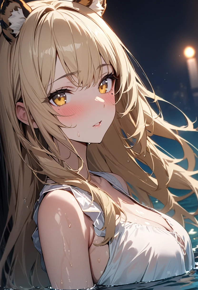 1girl、(((best quality)), ((masterpiece)), (details), masterpiece, best quality, high quality, ulutra detailed, perfect face, ((1girl, blond eyes, tiger ears: 1.3 blond long hair: 2.5,Mole under left eye：2.0))、Shiny Hair、Glowing Skin、Lustful look、Entering the sea、night、night空に星空が広がる、look up、White dress、Side Angle、静寂なnight、Get wet、