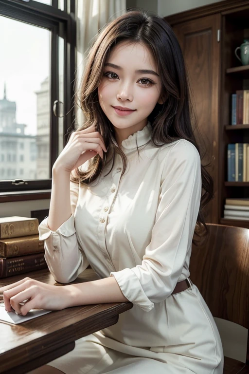 Create an image of a good-looking young woman with an air of sophistication and culture. She is elegantly dressed, with a confident and welcoming smile. The scene around her should reflect prosperity, with elements that indicate success and achievement, such as a modern, well-decorated environment, books, and perhaps a cup of coffee on a work desk.