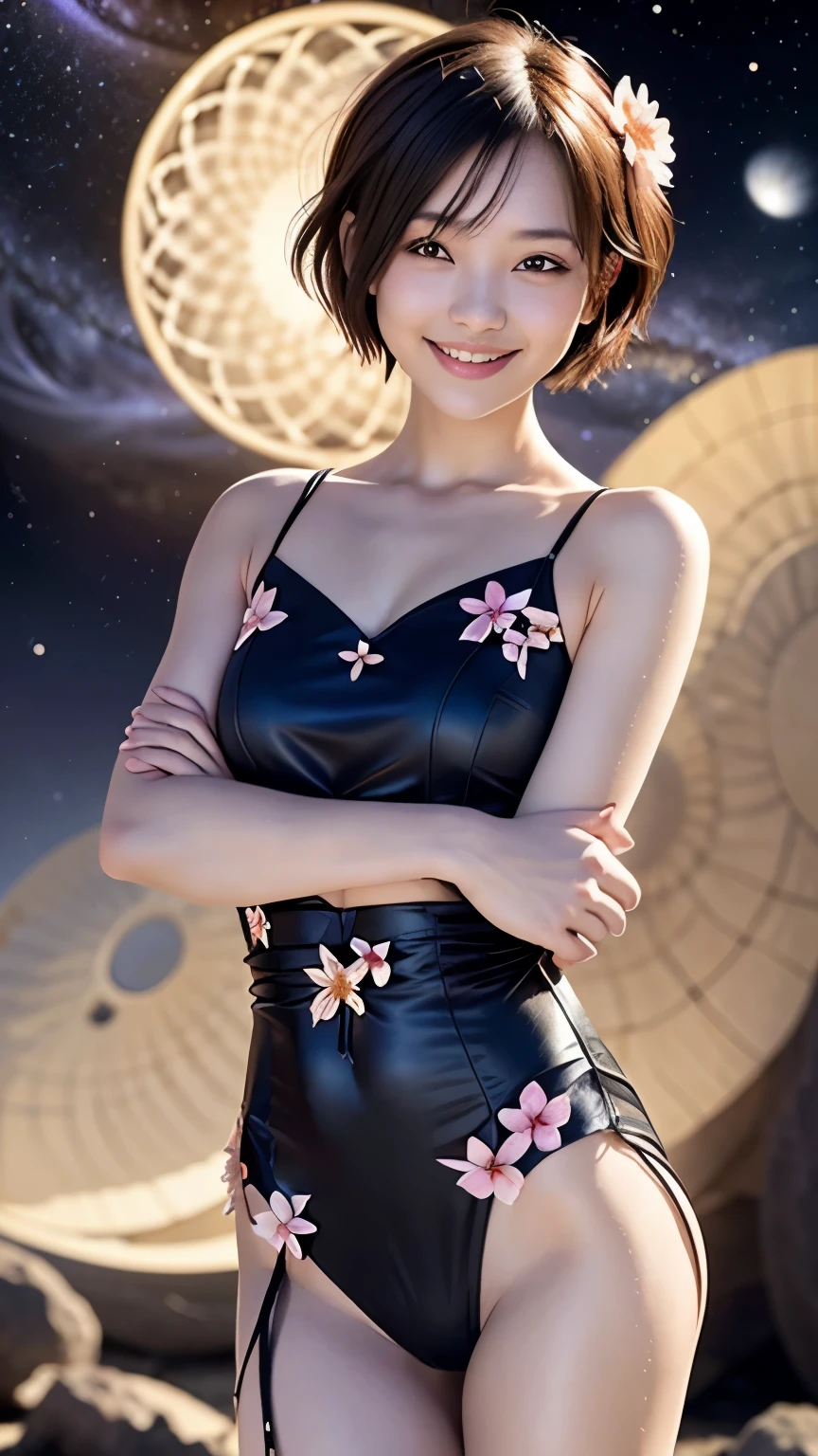 258 19-year-old female, (short hair),(Abstract background,universe), smile, flower