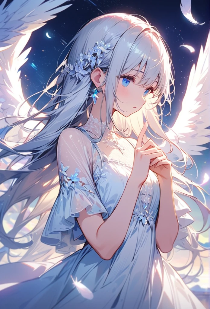 (best quality:1.2),(hands finger 5 digits:1.3),(extremely delicate and beautiful:1.3),(detailed ultra detailed:1.2),(scenery clear details:1.2),(scenery crystal clear :1.2),(solo),(blue eyes),(long white long hair),(white dress),(angel wings),(floating white feathers,starry sky),(clusters of stars,starry sky),(glinting stars),(solo),(long silver long hair),(best quality:1.2),(hands finger 5 digits:1.3),(extremely delicate and beautiful:1.3),(detailed ultra detailed:1.2),(scenery clear details:1.2),