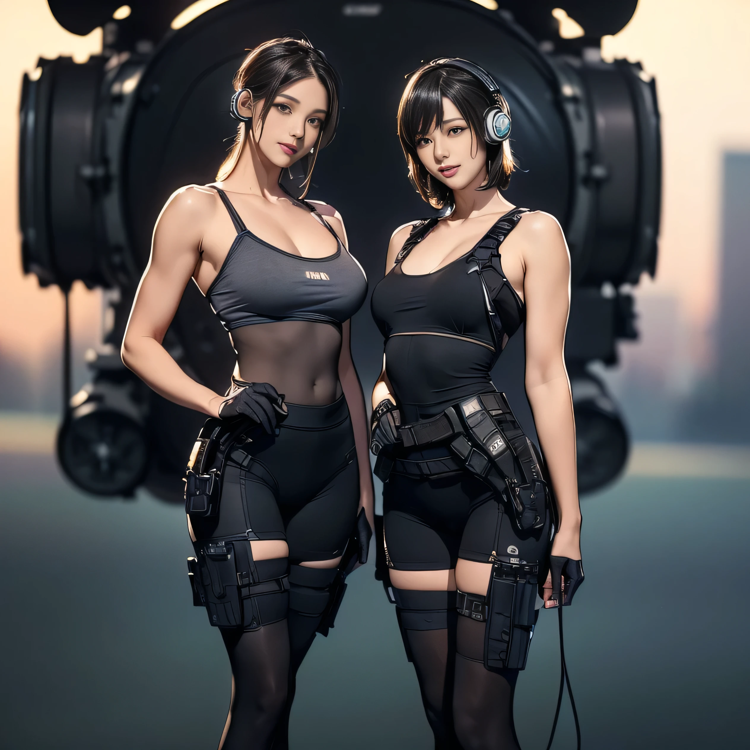 (Two Women),(((Women standing side by side:1.5))),((Black tactical tights:1.5)),((Black headphones:1.5)),((Black Tactical Holster:1.5)),(Black Gloves:1.5),((Wearing the same:1.5)),(Smile:1.5),(beautiful eyes:1.3),(Very detailedな顔:1.5),((Very detailed drawing of a female hand:1.5)),((muscular:1.5)),(Sexy appearance:1.5),((Thick thighs:1.5)),(Beautiful Body:1.5),((Very sensual:1.5)),(Background is the city:1.5),(((Blurred Background:1.5))),(Written border depth:1.5),rest(((masterpiece:1.5),(best quality:1.5),(Very detailed:1.5),(high resolution:1.5),(Practical:1.5),(Practical:1.5),(Delicate depiction),(Carefully drawn))),8k,wallpaper,from below:1.2