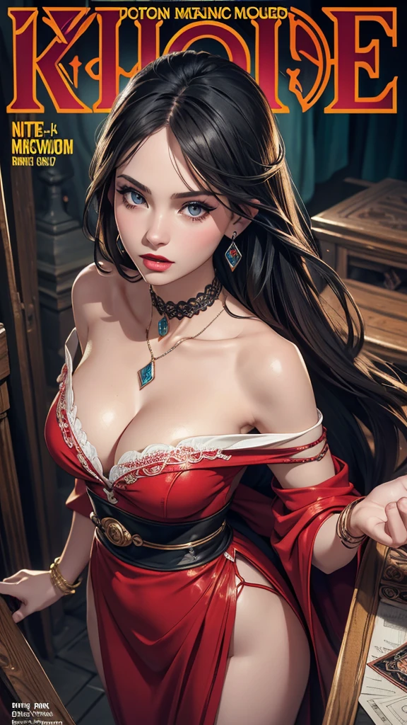 runWildcards_V10/Backgrounds-fantasy_themed ADDCOMM
(masterpiece, realistic:1.3), (extremely intricate:1.2), (photorealistic:1.4), (extremely delicate), (ultra realistic:1.3), hyperrealistic photography, extremely detailed, 8k resolution, UHD, HDR, RAW photo, dslr, realistic LUT, cinematic LUT, (best quality:1.3), absurdres, {cool POV | angled POV | epic POV | from above POV | from below POV}, ADDBASE,
extremely detailed magazine cover-style digital painting, (magazine cover-style:1.3), adding a touch of fantasy to the scene, the text on the cover should be bold and attention-grabbing, with the title of the magazine and a catchy headline, the overall style should be modern and trendy, with a focus on fashion and fantasy, helvetica-bold ADDROW
portrait, oginKN, long hair, black hair, green hair, makeup, red lipstick, brown eyes, large breasts, cleavage, jewelry, bracelet, side slit, yellow sash, bare shoulders, red dress, off shoulder, red kimono, (pale skin, detailed skin:1.3, Glossy skin + Shiny skin:1.1, Bright_Front_face_Lighting), exquisite stud earrings, necklace, lace choker, gigantic breasts, perfect hands, perfect fingers, skinny body, fit body, slim, narrow waist, narrow hip, slim legs, long legs, amuroreitw_moulinRougeOutfits_v10/Moulin_Rouge_outfit,
